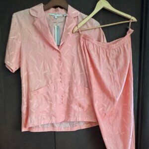 Gorgeous Coral Ice Silk Cotton Linda Hartman Luxe Pajama Loungewear Set Medium